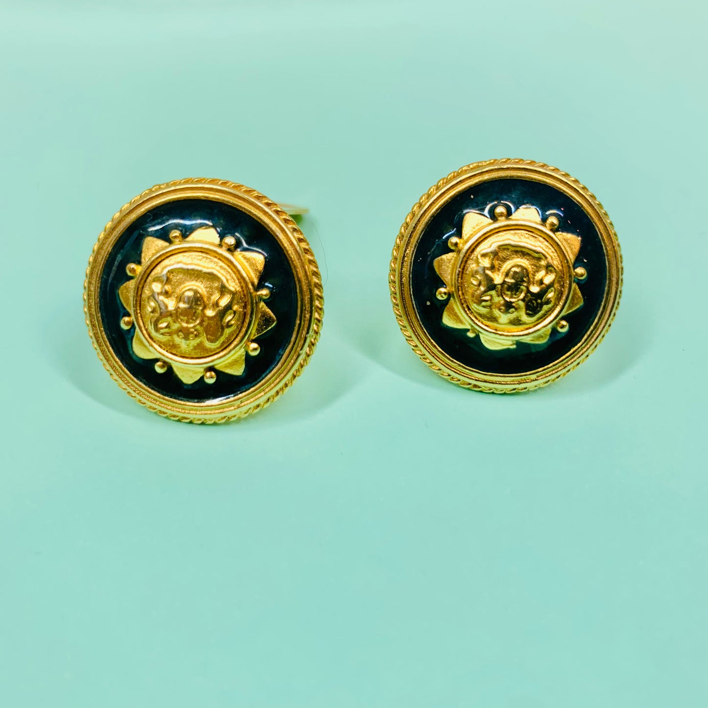 1960s Italian gold plated brass black enamel emblem button clip on earrings
