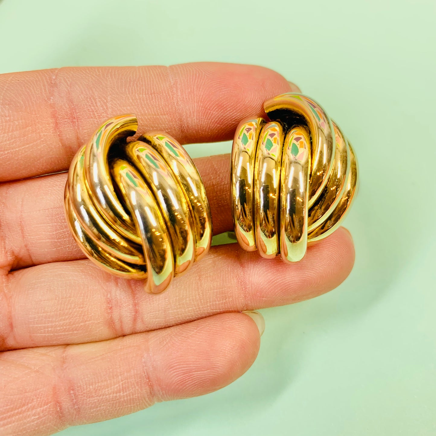 Large 1970s French plated half knot ribbon clip on earrings
