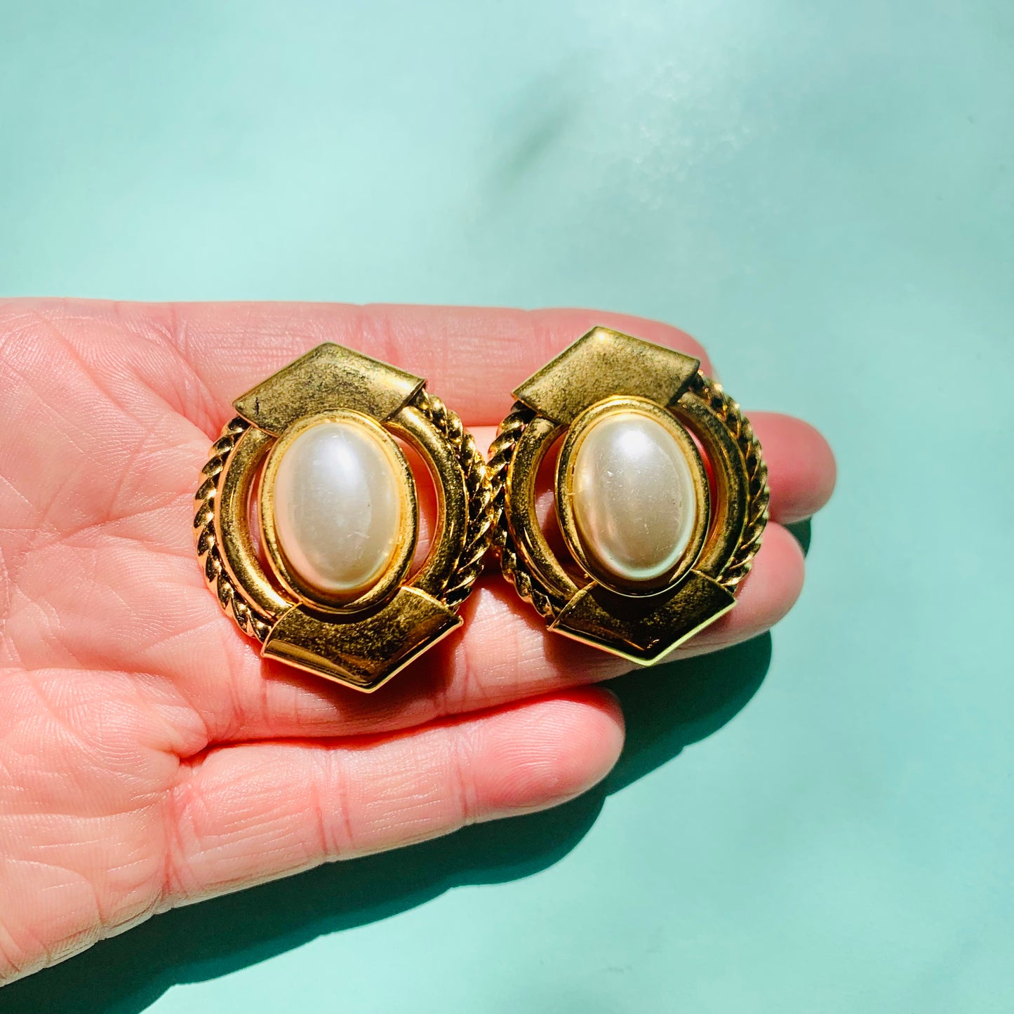 1980s triple gold plated pearl statement clip on earrings