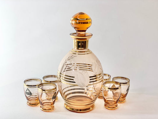 Rare 1940s hand etched pink glass decanter and matching shot glasses Alpine Glass Germany