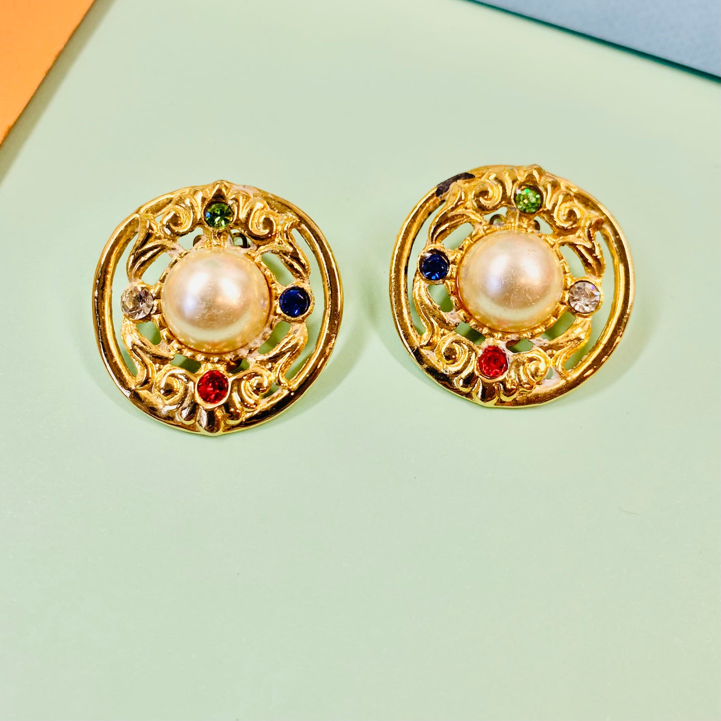 Stunning 1980s gold plated clip on pearl & colour rhinestones circular button earrings