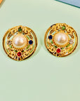 Stunning 1980s gold plated clip on pearl & colour rhinestones circular button earrings