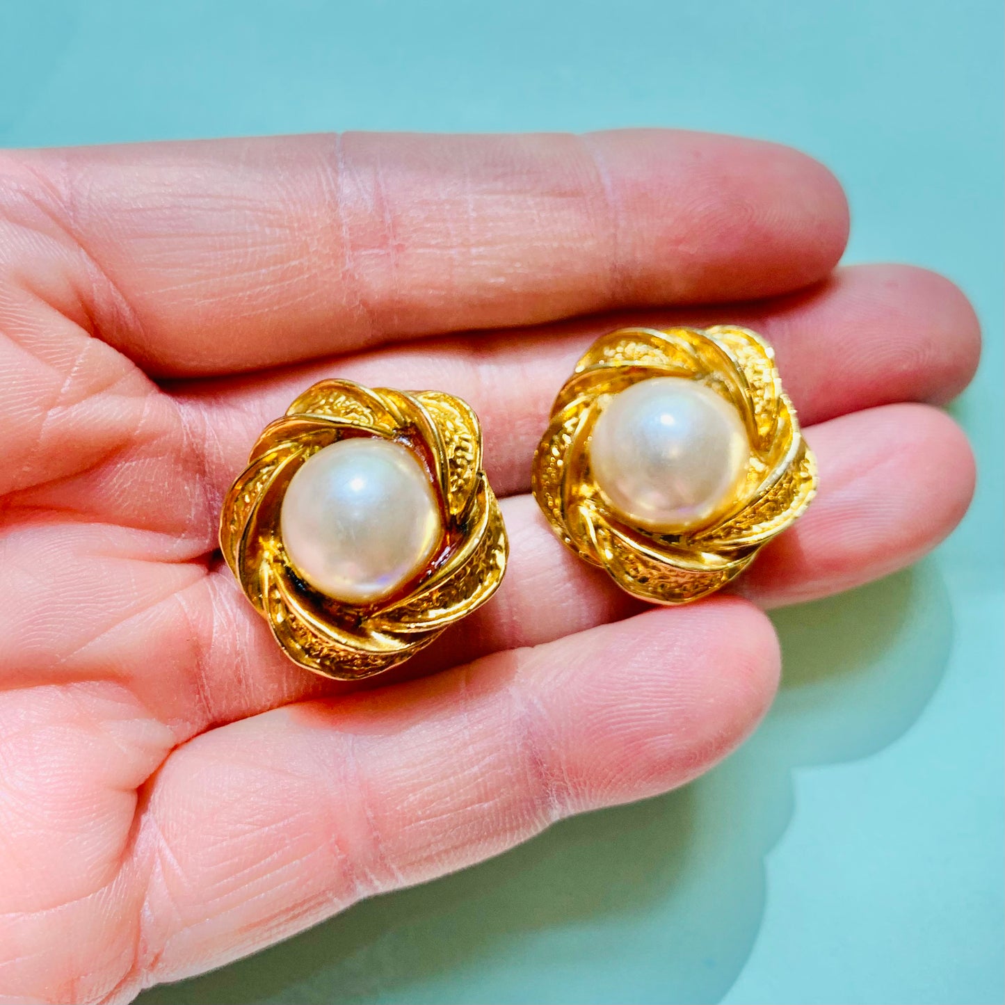 Vintage gold plated clip on pearl knot button earrings