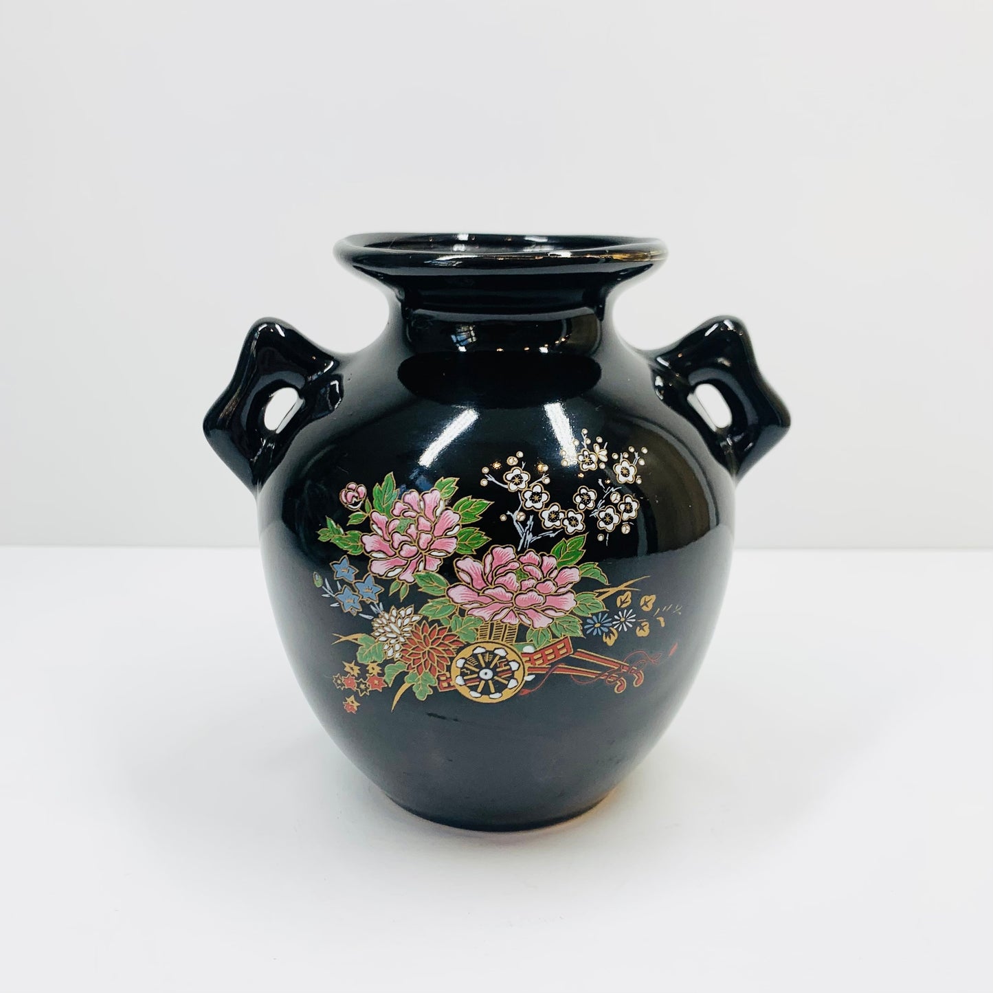 Vintage Japanese Kutani black porcelain vase with handles