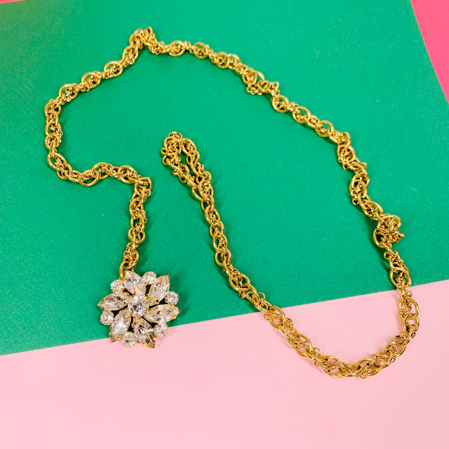 Extremely rare 1980s triple plated thick and heavy fob gold necklace/belt with rhinestones flower pendant