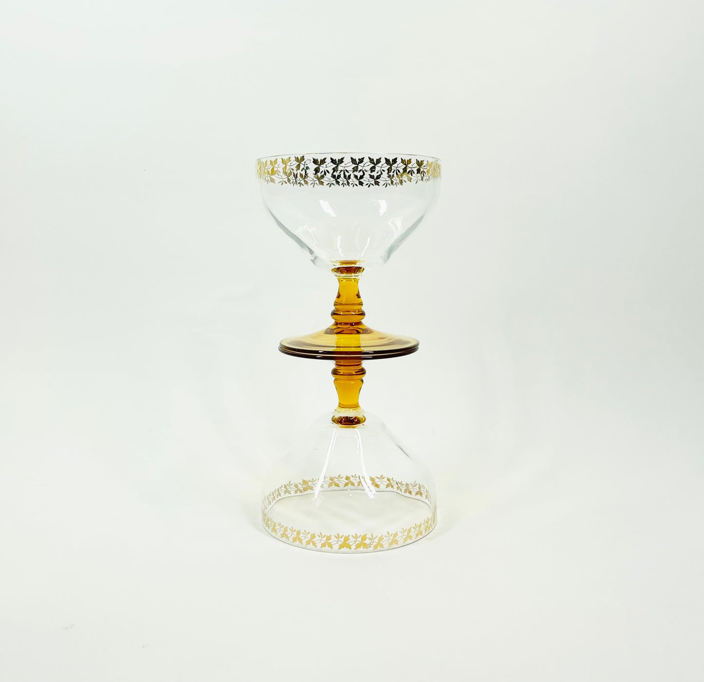 Rare 1940s coupe with amber glass stem & leaf gold gilding rim