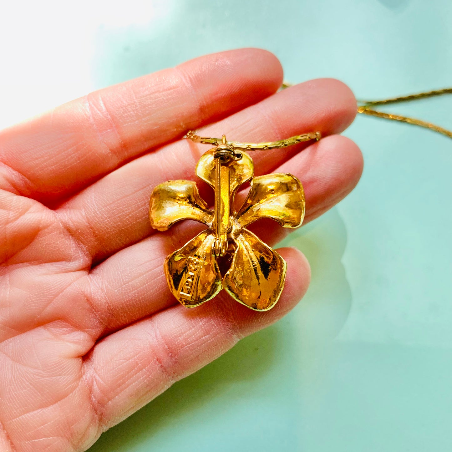 Rare vintage Risis 24K gold plated orchid brooch with turquoise enamel