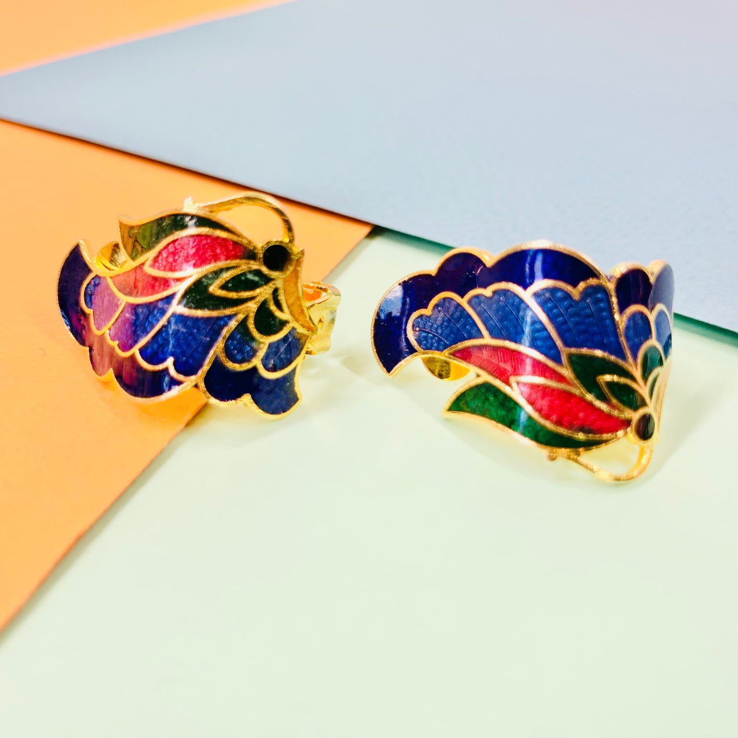 Extremely rare 1960s Italian triple gold plated butterfly cloisonne clip on earrings