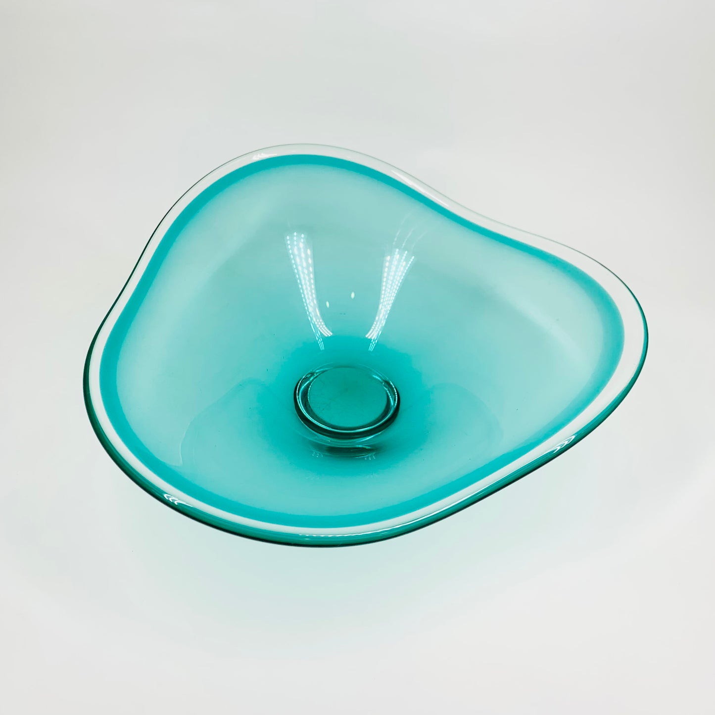 Extremely rare large MCM cased turquoise ombré glass Coquille bowl by Paul Kedelv