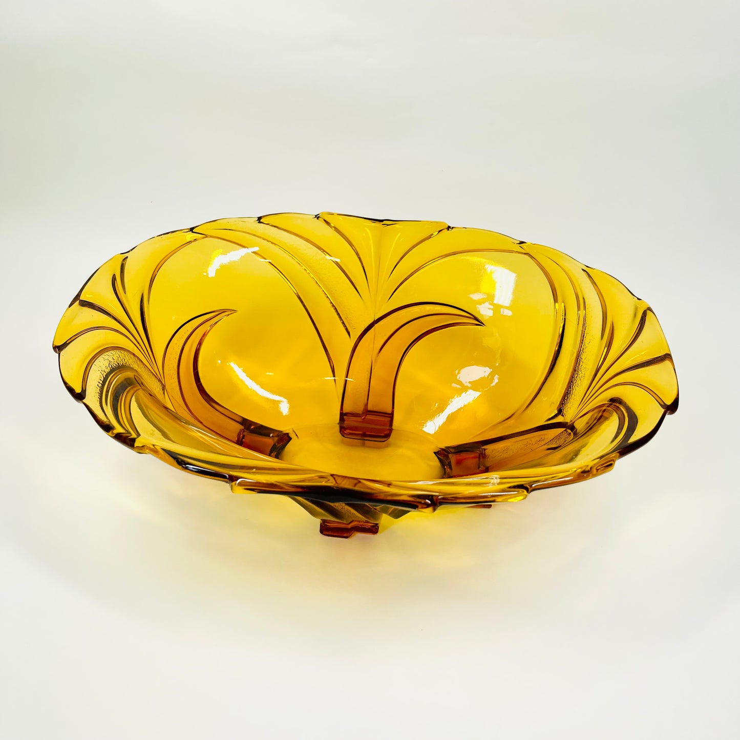 Art Deco sail pattern amber footed glass bowl