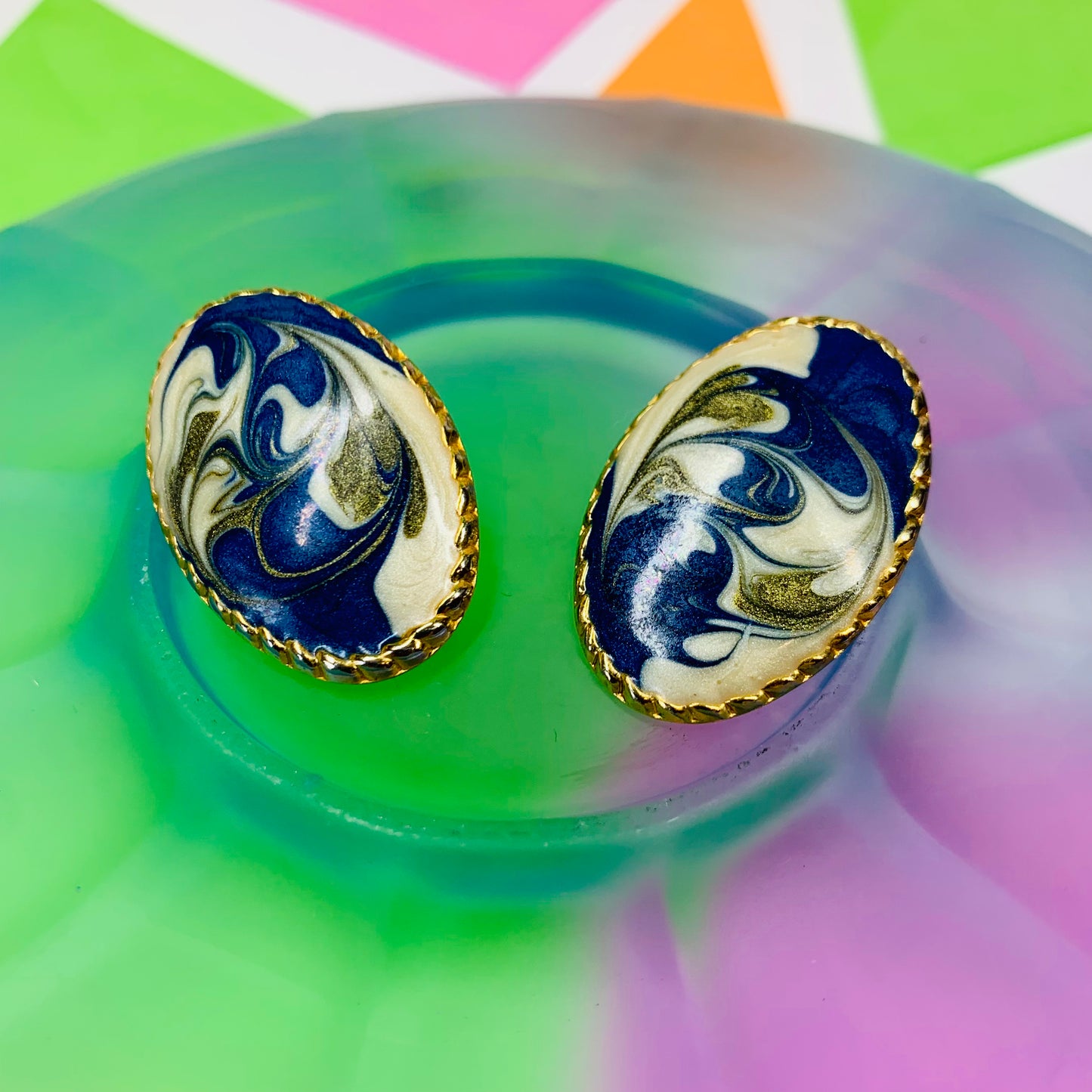 1960s Italian hand painted navy blue tie dye enamel clip on earrings