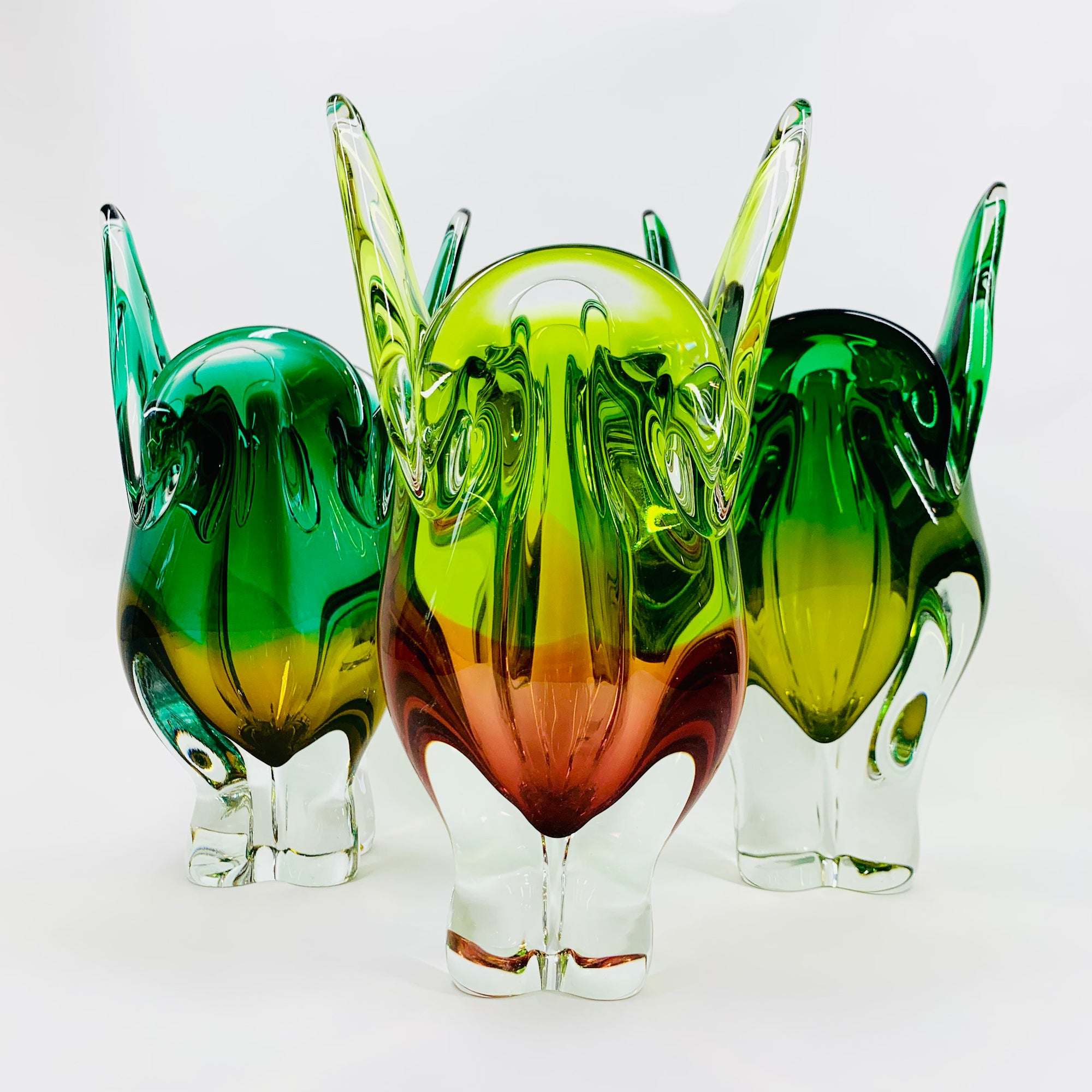 Extremely rare Midcentury Czech Chribska Glassworks green &amp; yellow sommerso glass Cat’s Head vase by Josef Hospodka