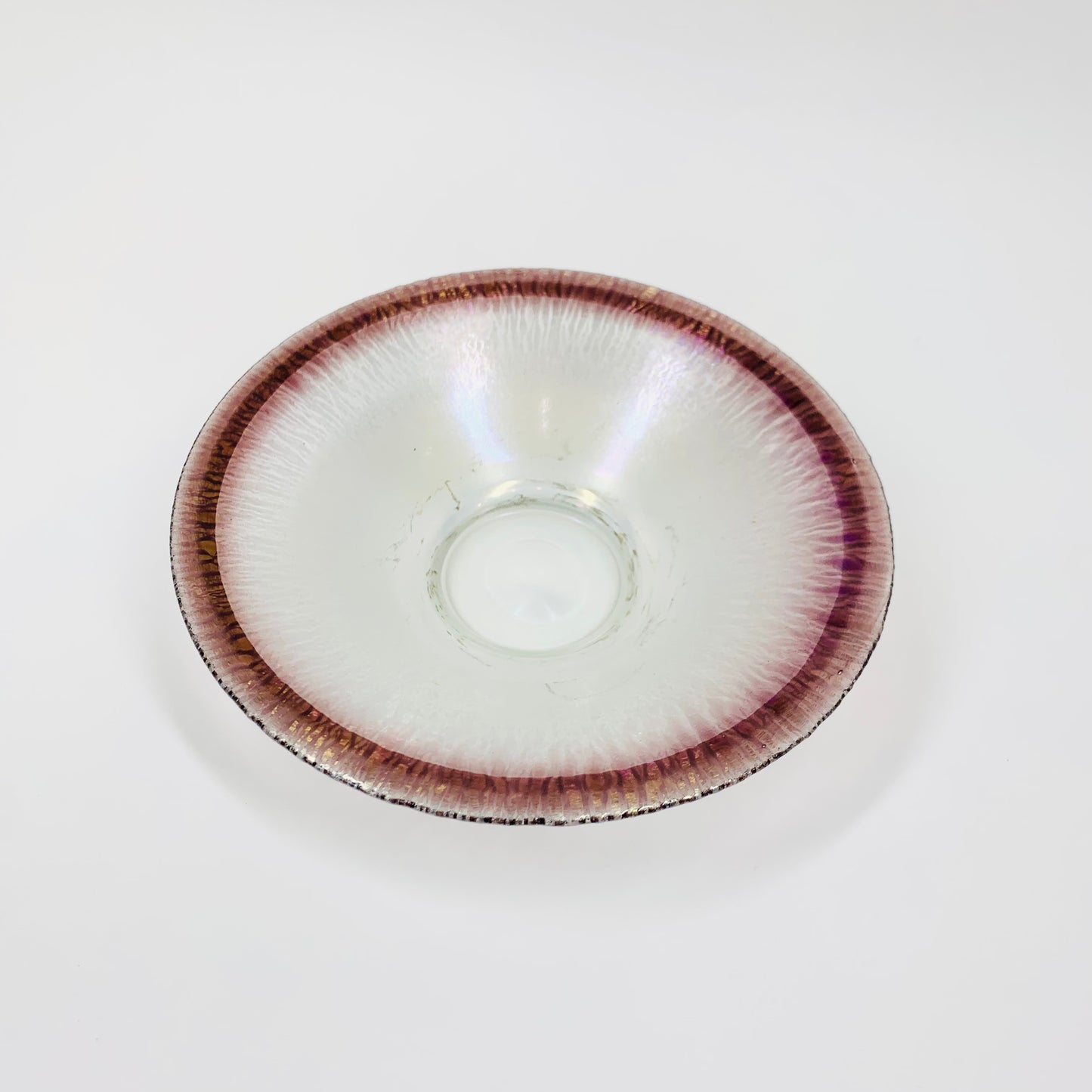 Midcentury iridescent small glass bowl with red speckled rim