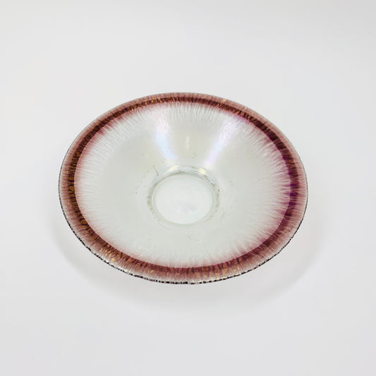 Midcentury iridescent small glass bowl with red speckled rim