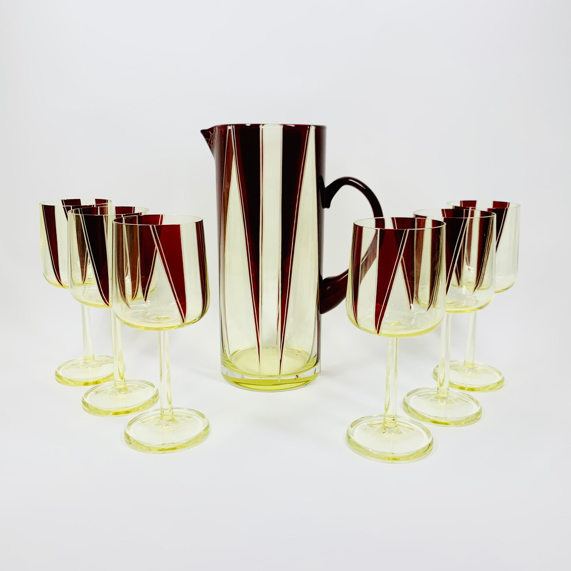 Extremely extremely rare antique Art Deco ruby enamel and citrine glass jug and matching wine glasses set by Karl Palda