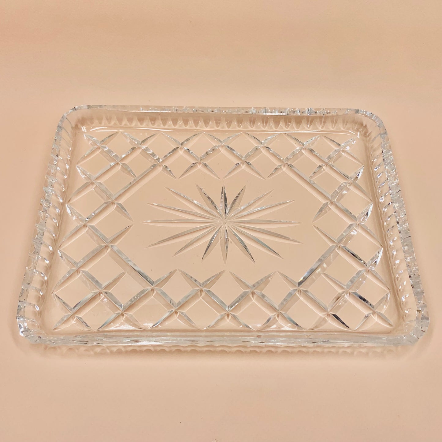 Antique hand cut diamond pattern rectangular crystal serving tray