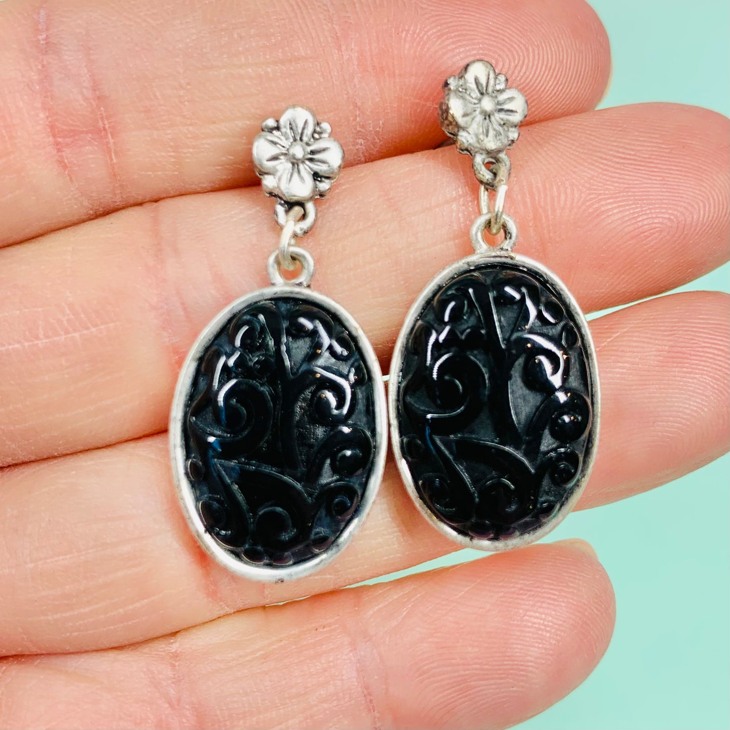 Antique nickel silver with black cameo drop earrings