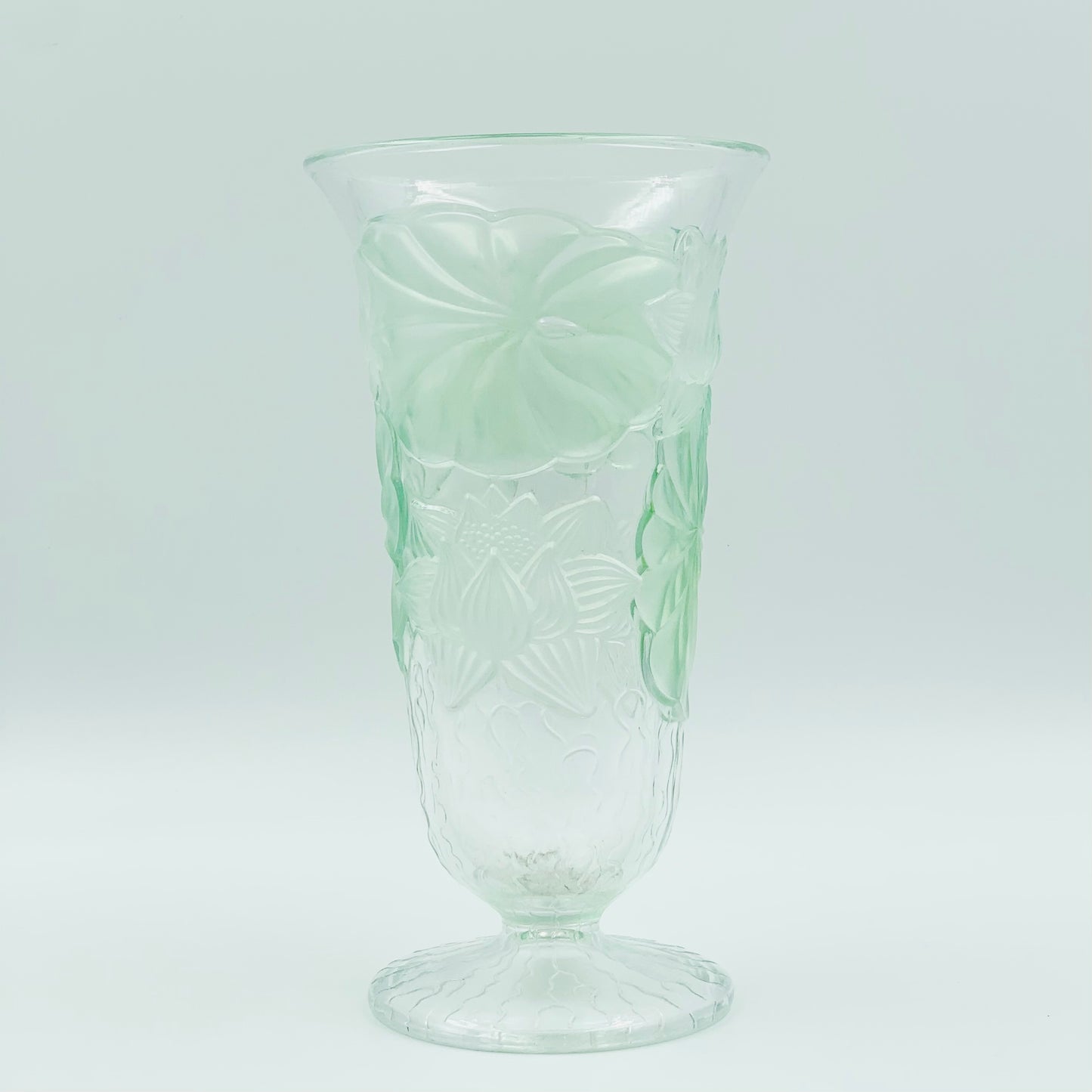 Antique Depression glass footed vase with green floral motif