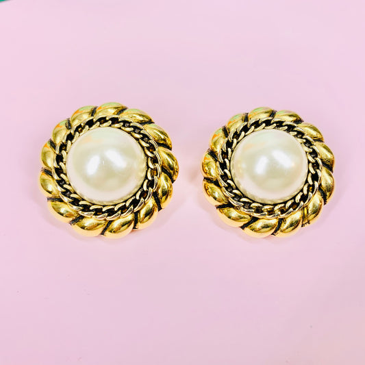 Rare stunning 1980s gold plated clip on pearl button earrings with filigree border