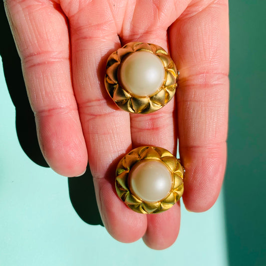 1960s gold plated clip on pearl halo button clip on earrings