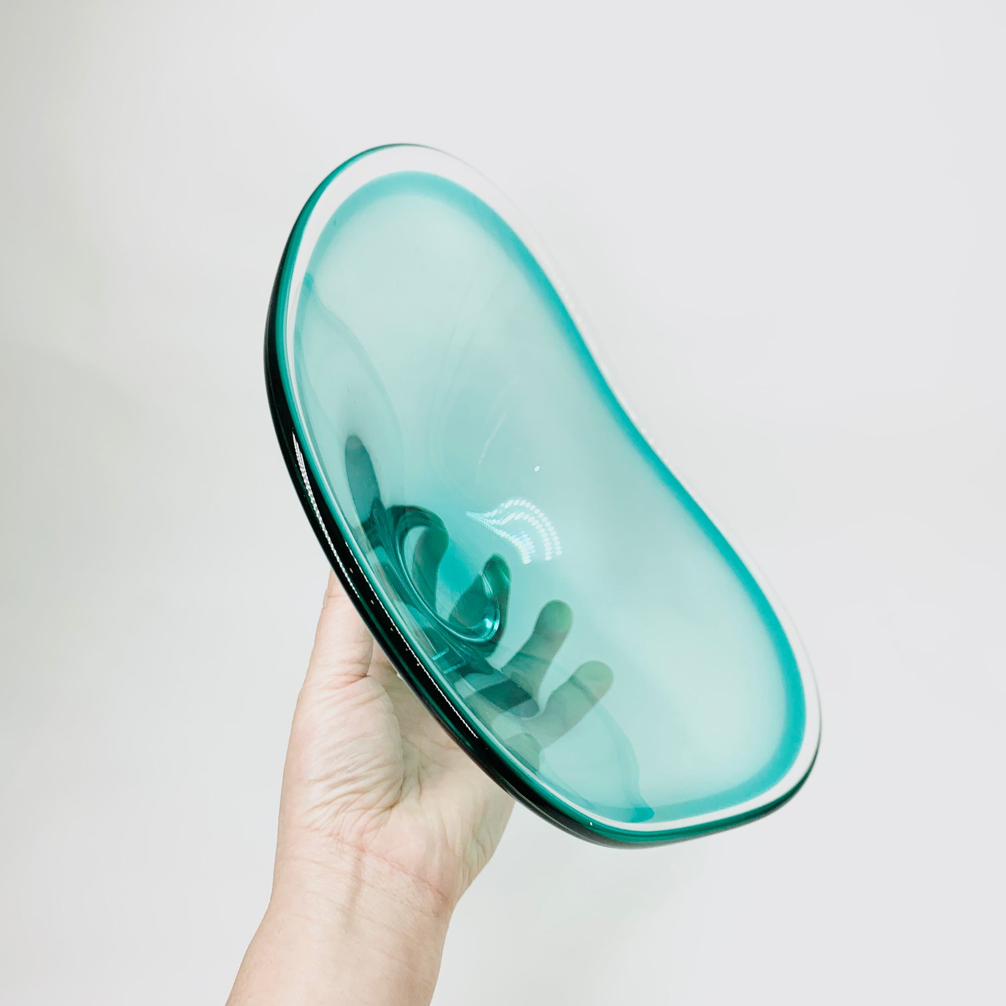 Extremely rare large MCM cased turquoise ombré glass Coquille bowl by Paul Kedelv