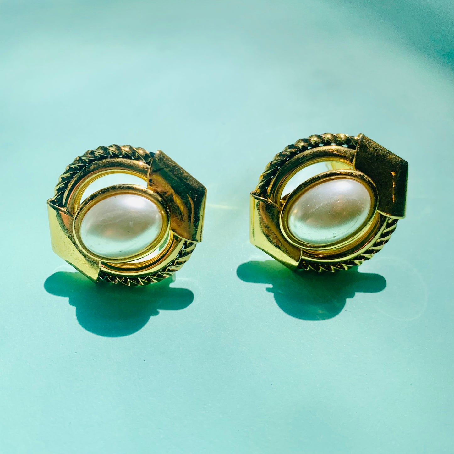 1980s triple gold plated pearl statement clip on earrings