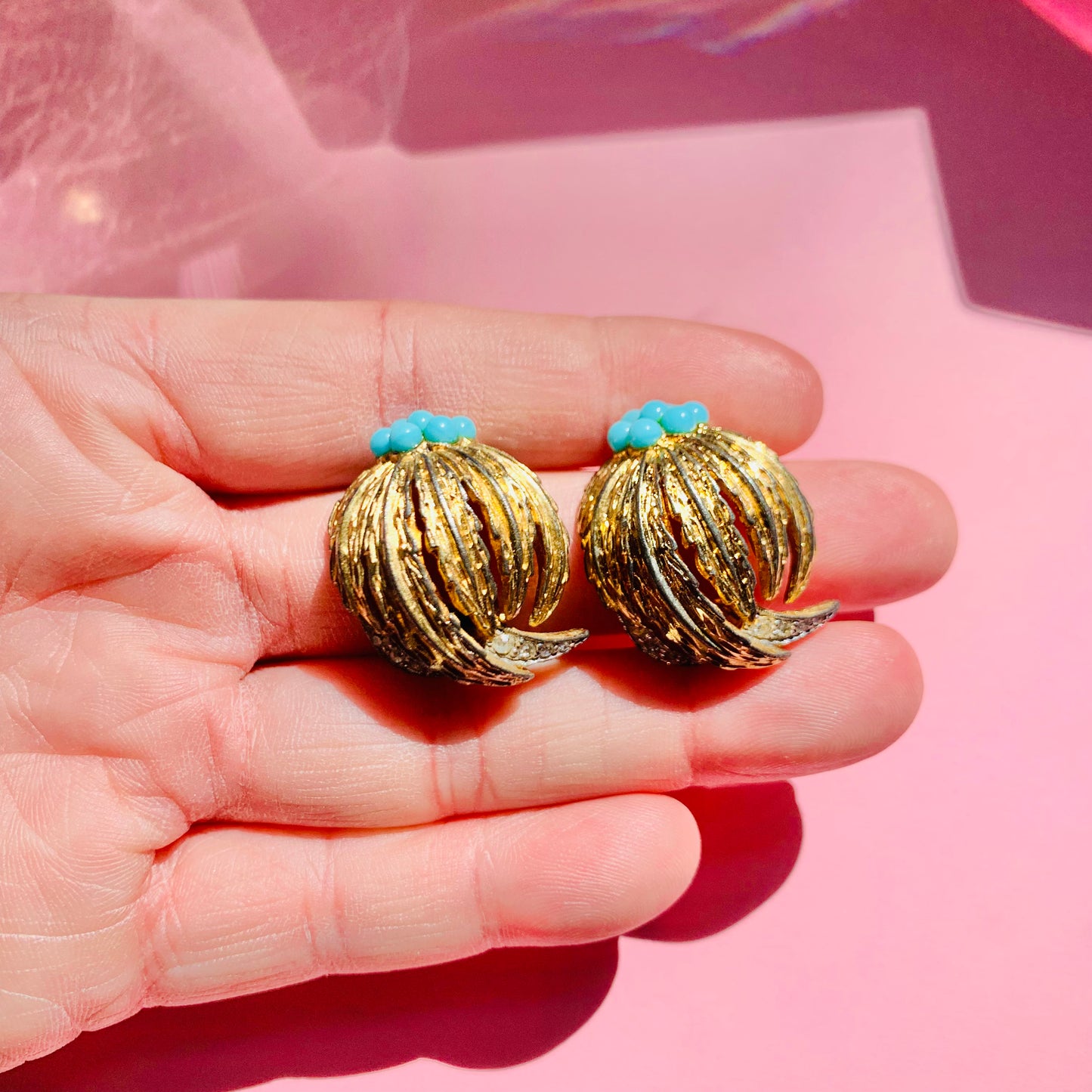 1950s statement gilt clip on earrings with turquoise beads