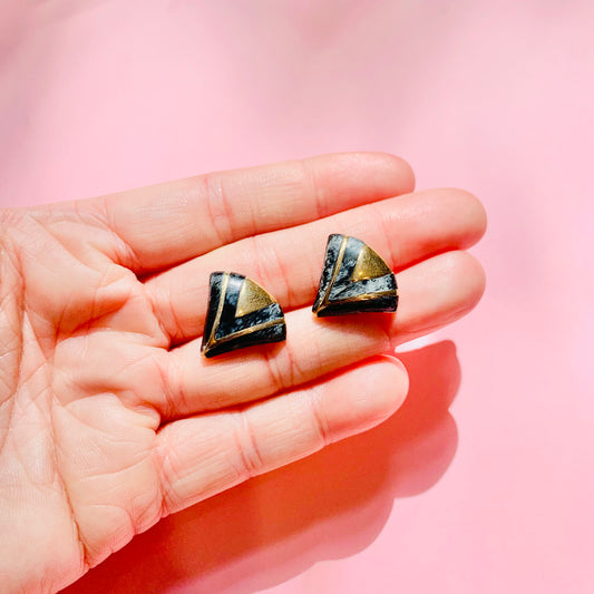 1960s gold plated fan black enamel stud earrings with rhinestones halo