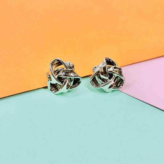Rare 1960s French silver plated brutalist knot clip on earrings