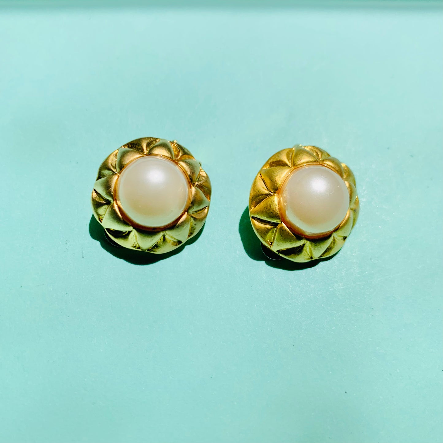 1960s gold plated clip on pearl halo button clip on earrings
