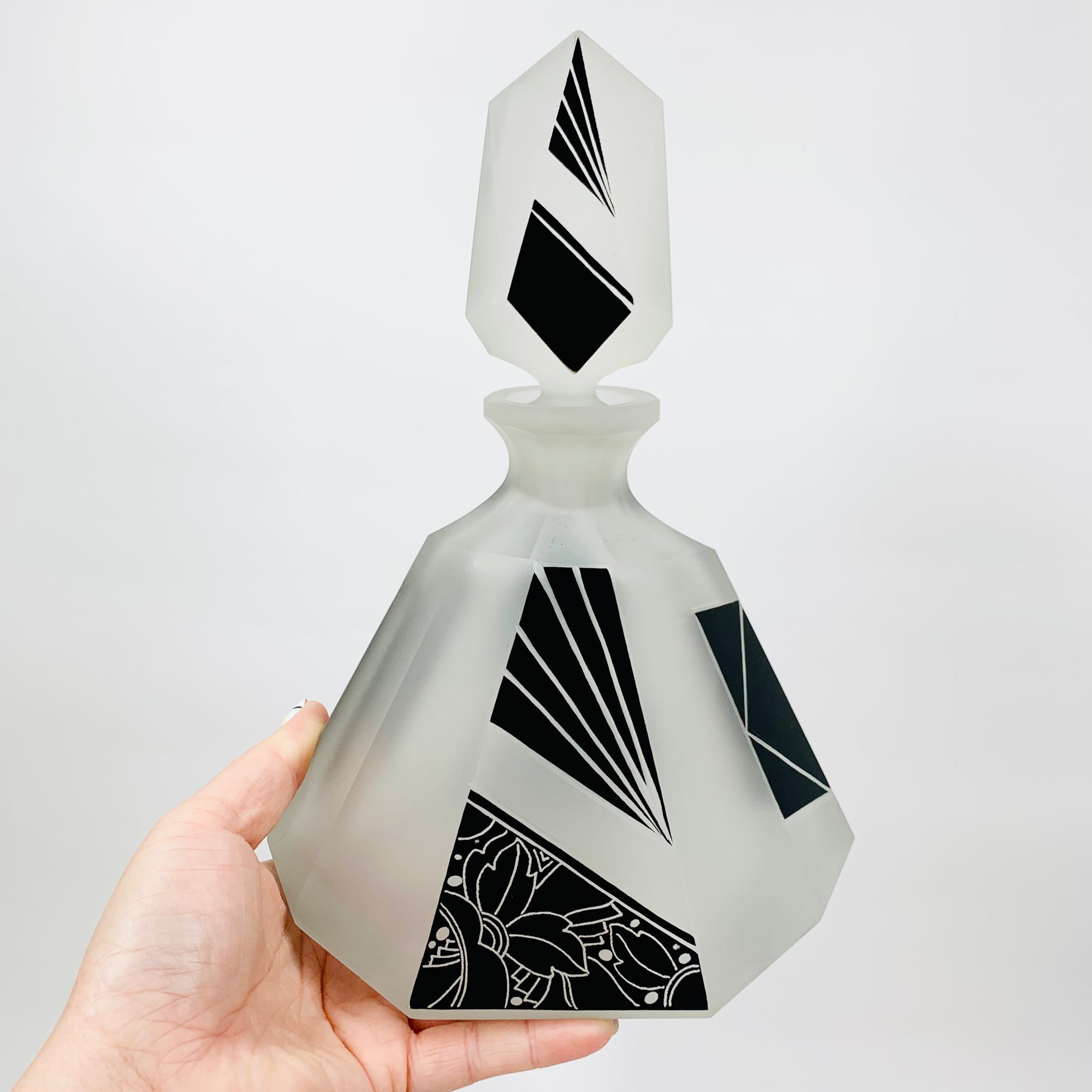 Extremely extremely rare antique Art Deco black enamel decanter satin glass set by Karl Palda