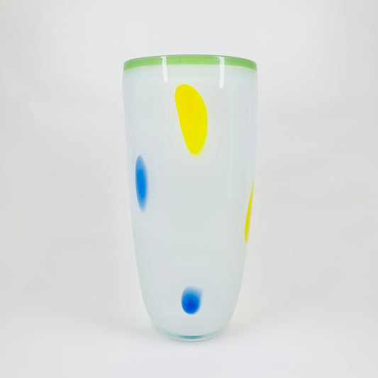 Rare 1980s Memphis hand made cased white glass vase with multi colours pattern