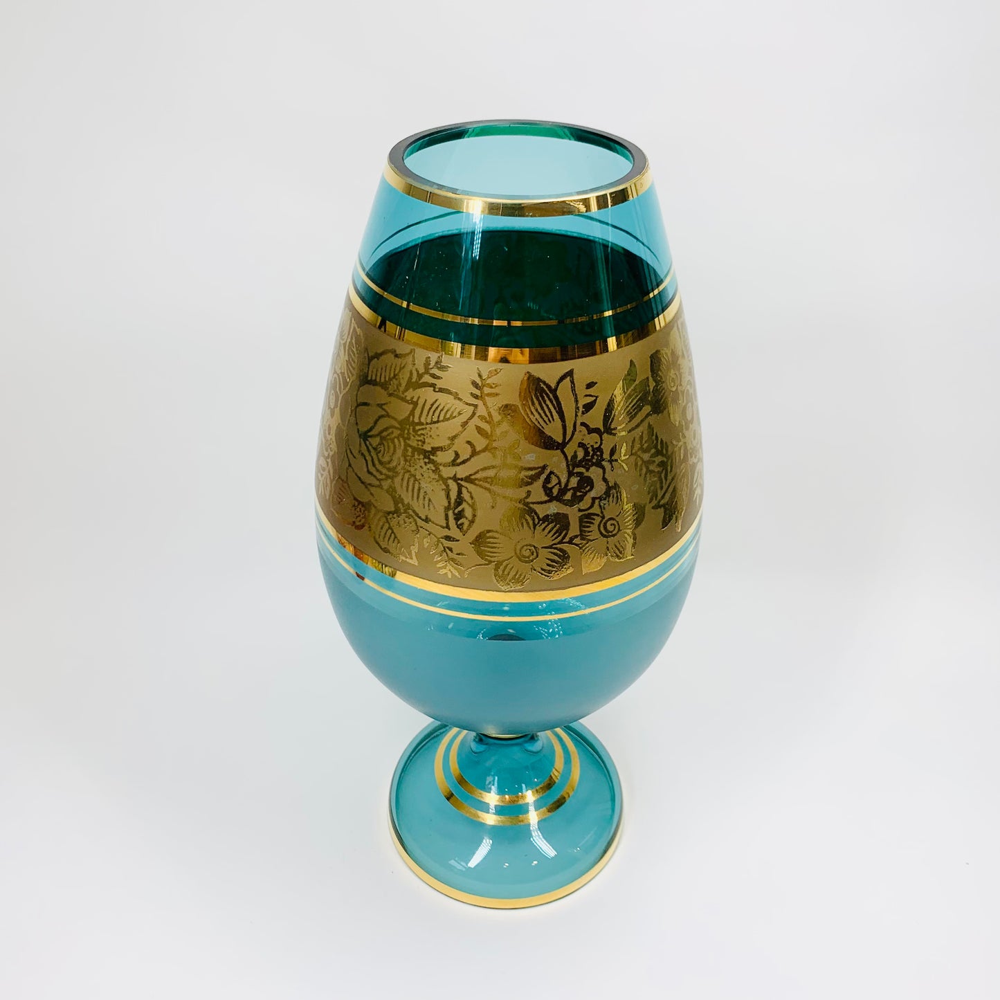 Rare Midcentury Bohemian turquoise glass footed vase with gold gilding