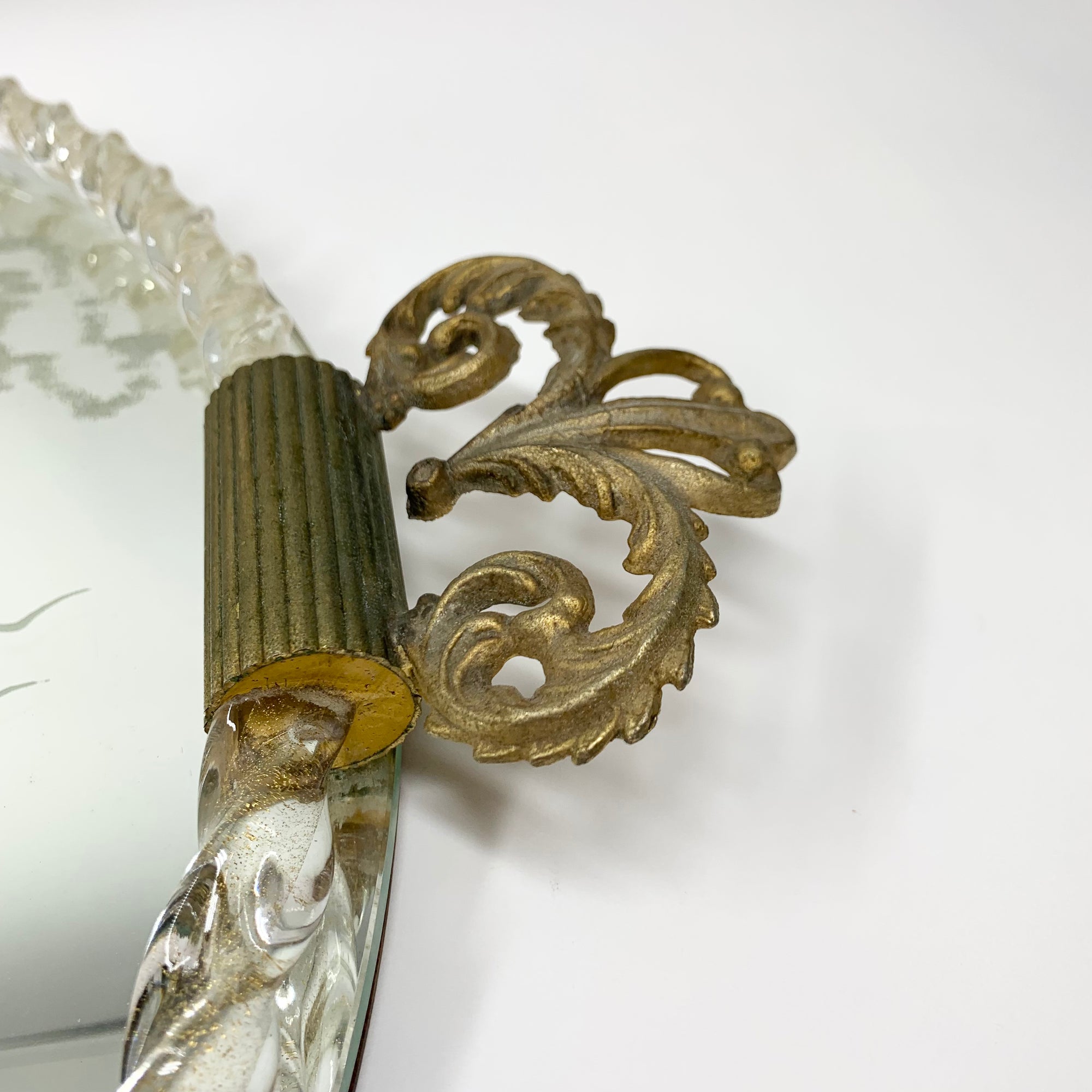 1940s hand etched mirror tray with gold aventurine rope border
