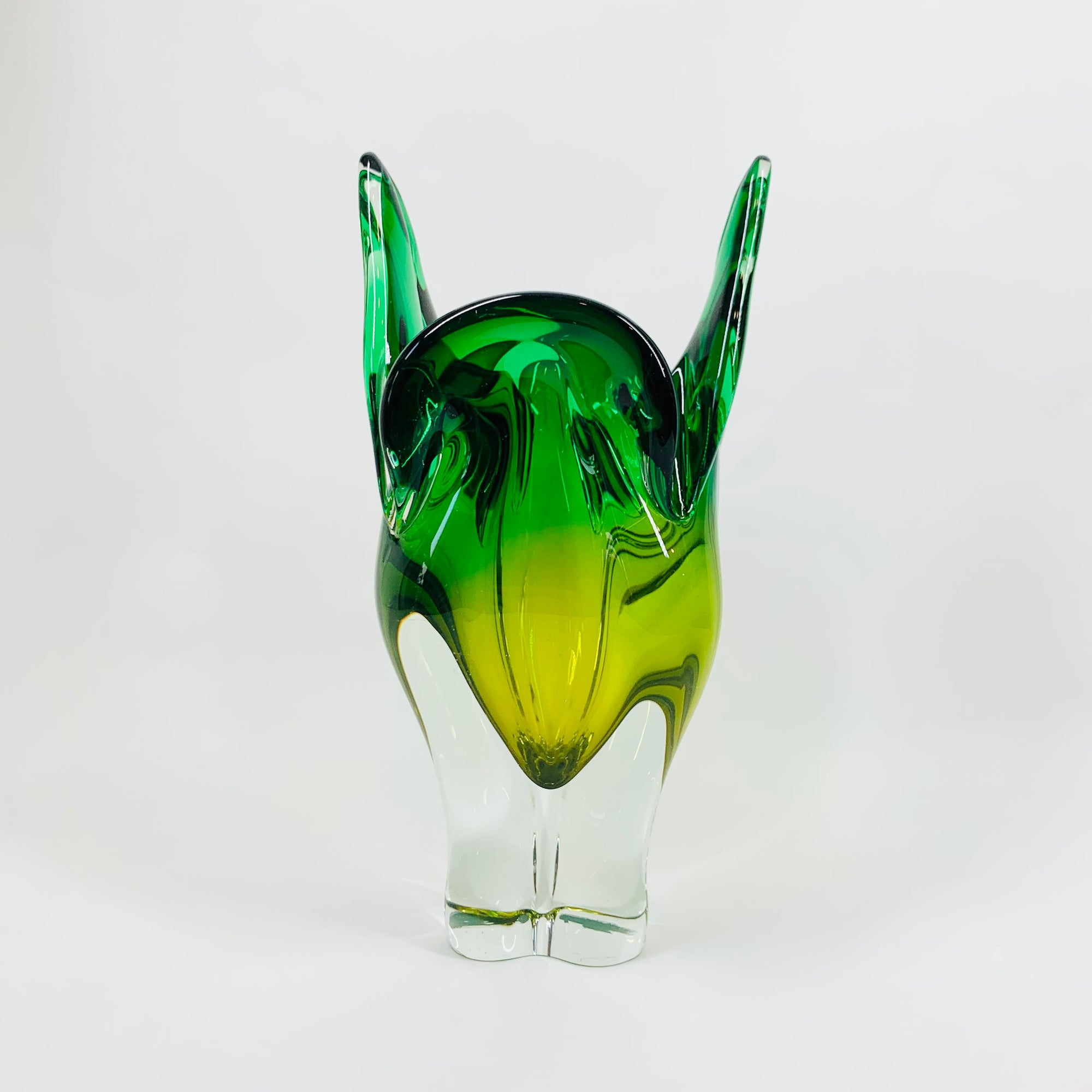 Extremely rare Midcentury Czech Chribska Glassworks green &amp; yellow sommerso glass Cat’s Head vase by Josef Hospodka