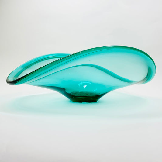 Vintage large hand made turquoise glass wave bowl with crisscross base