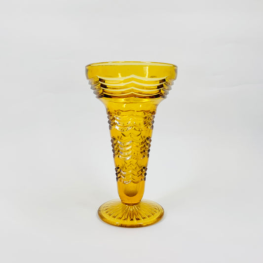 Antique Art Deco pressed amber glass footed vase