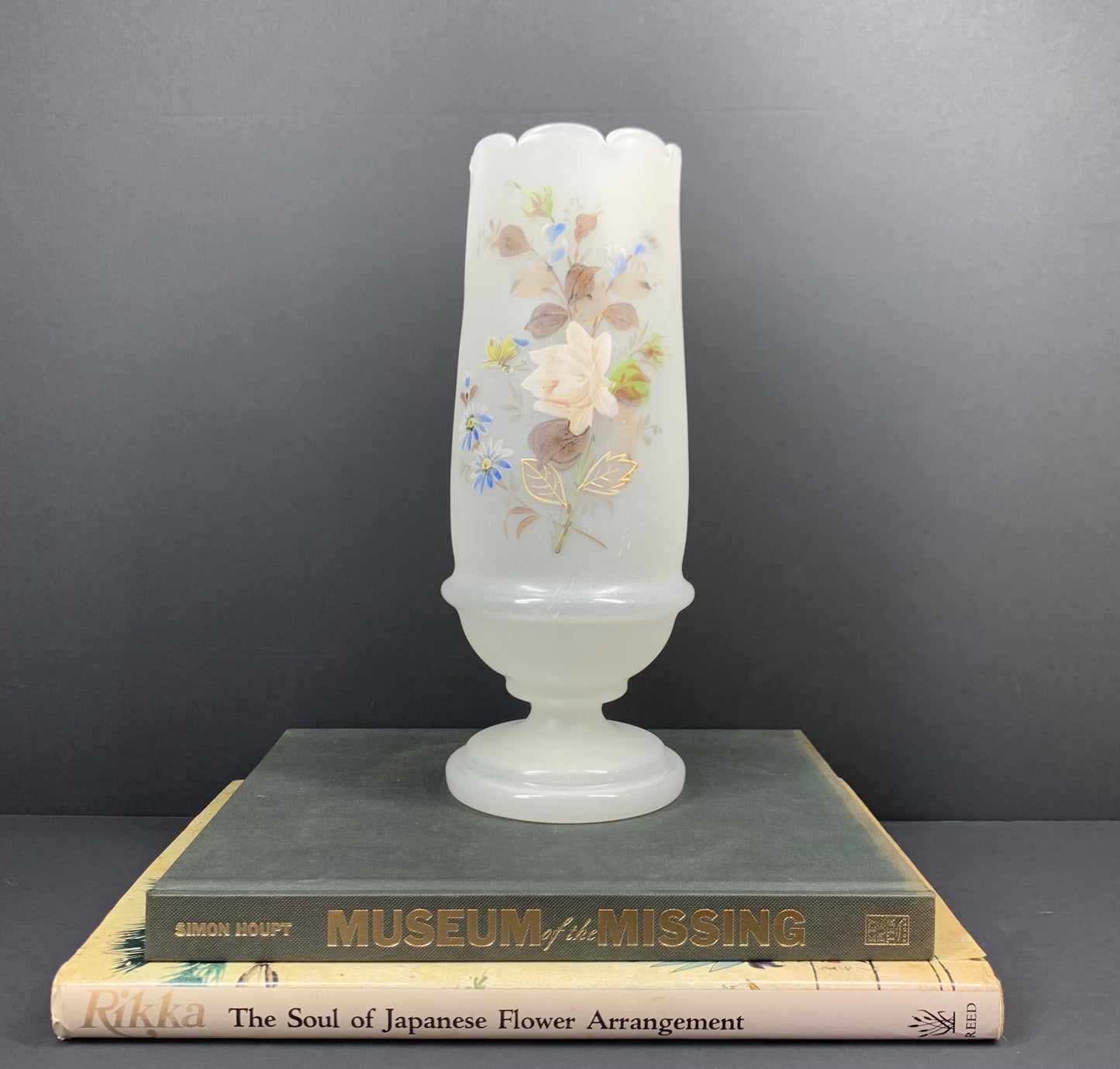 Antique Victorian hand painted floral motif satin glass vase