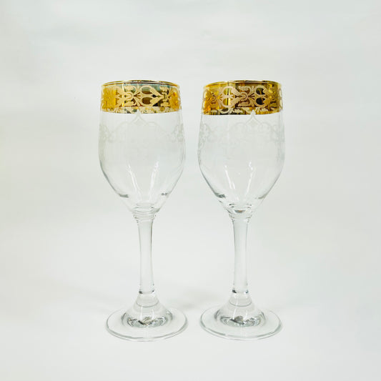 Midcentury etched Bohemian wine glasses with gold gilding