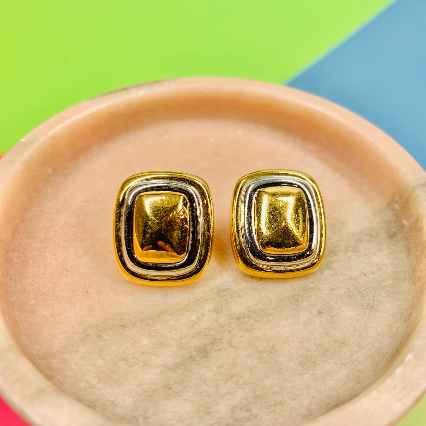 1980s GIO Italian triple gold plated rectangle button clip on earrings