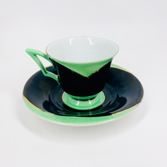 Extremely rare 1920s Victoria Czechoslovakia Art Deco hand painted porcelain coffee cup and matching saucer