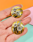 1980s two tone gilt clip on button earrings with clear rhinestones
