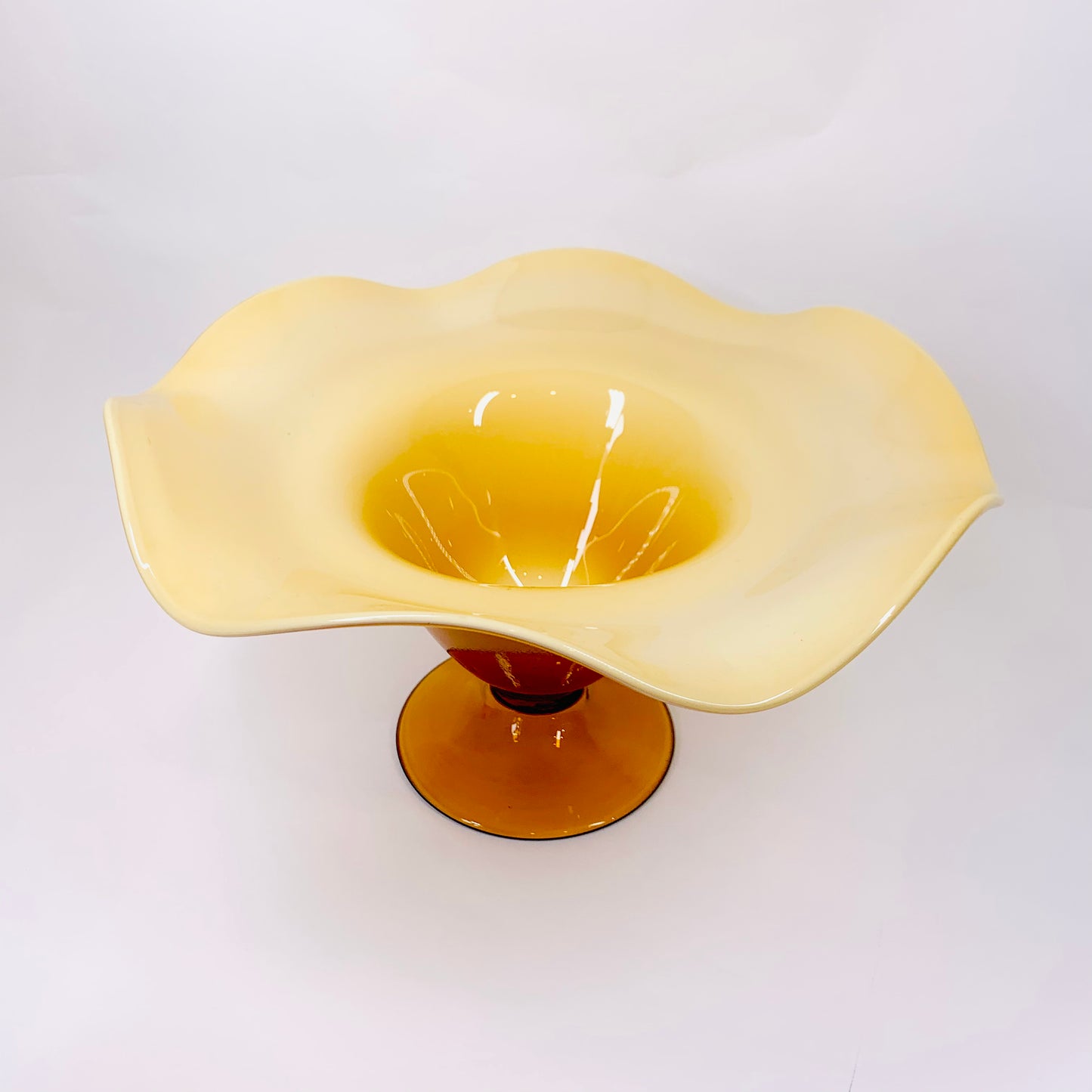 Large Italian Midcentury cased amber glass comport/footed fruit bowl with ruffle rim