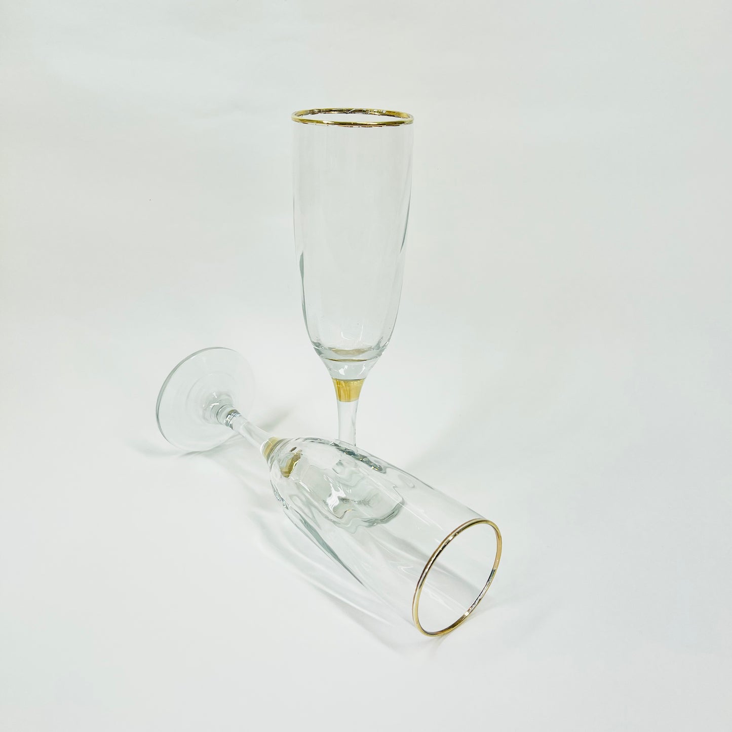 Midcentury Bohemian clear glass champagne flutes with gold gilding