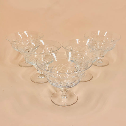 Vintage Stuart cut crystal champagne coupe with etched diamond pattern