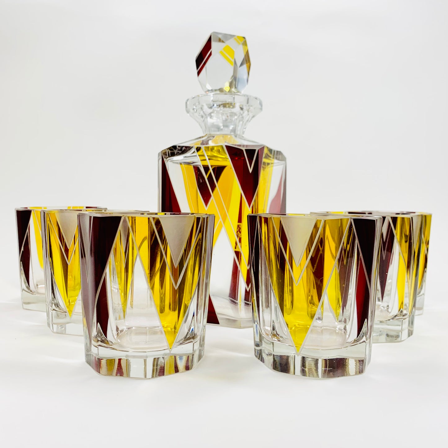 Extremely extremely rare antique Art Deco ruby & gold enamel glass decanter set by Karl Palda