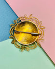 Antique rolled gold filigree hand etched enamel brooch