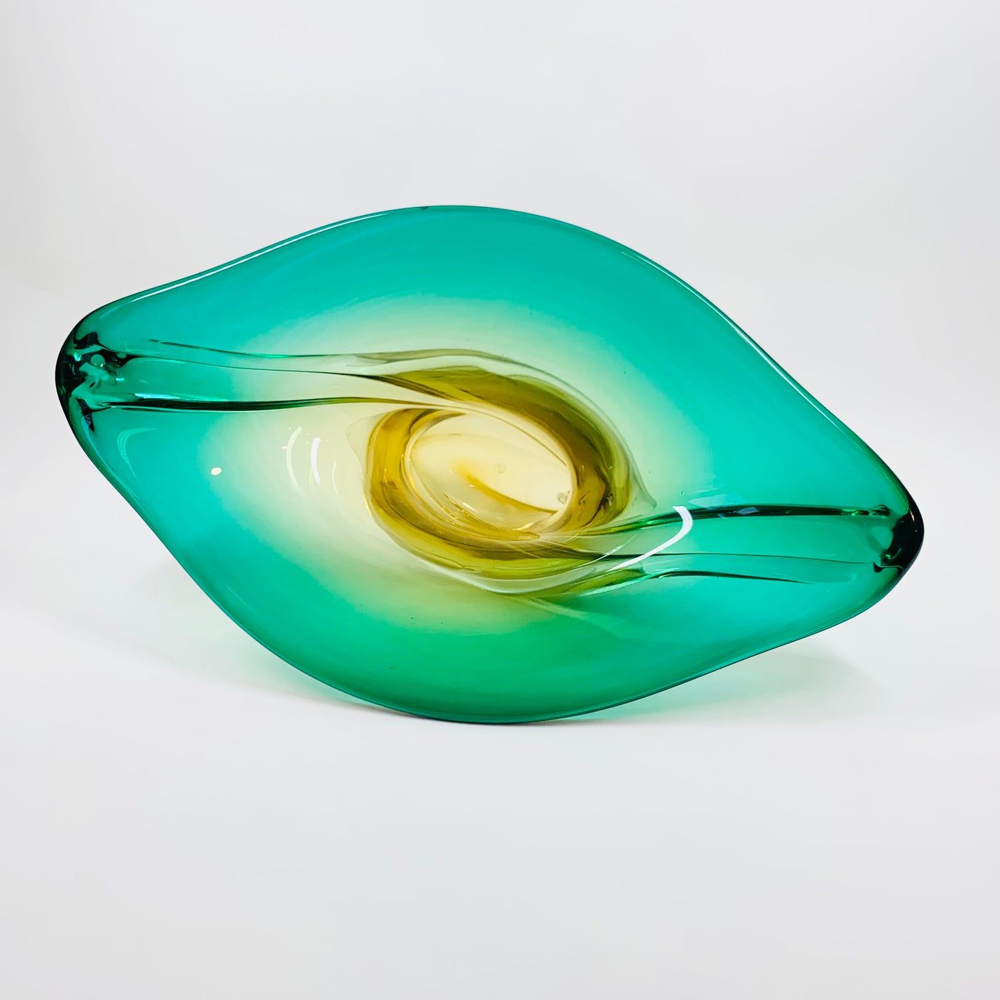 Large Midcentury Murano green and gold sommerso glass bowl