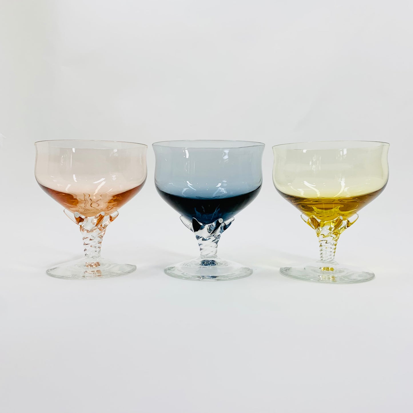 Rare Midcentury harlequin clear twist stem glass coupe/dessert bowls