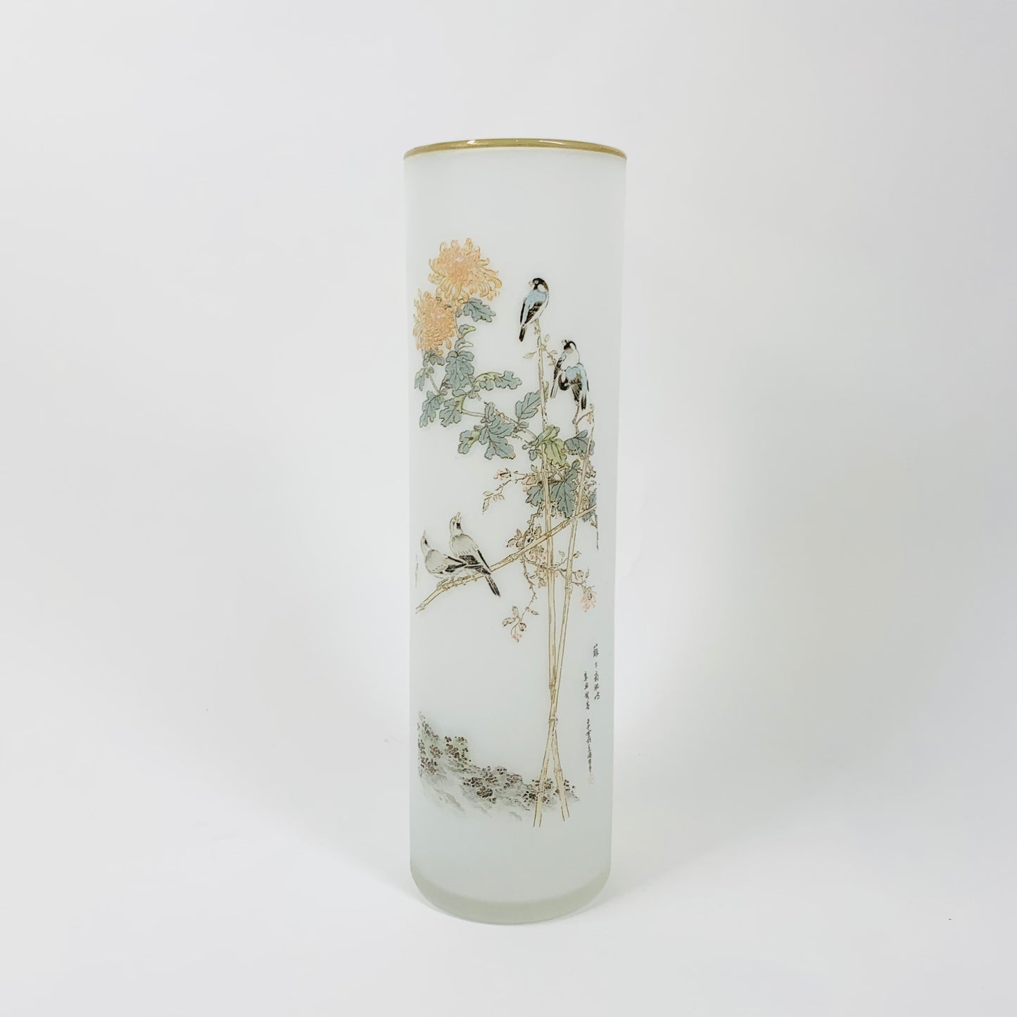 Midcentury Chinese hand painted blue satin glass tube vase